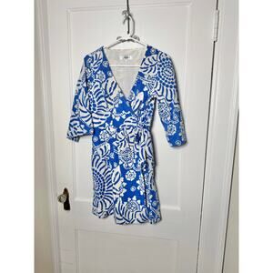 Tibi Women's Blue White Floral Cotton Classic Chic Wrap Mini Dress Size 6